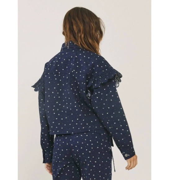 528. SOMETHING NAVY Floral Celeste Ruffle Jacket Blue Eyelet NWOT M/L - Picture 2 of 2